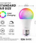 4 Pack Smart LED Bulbs Color Changing A19 E26 Dimmable 9W 800 Lumen, UL Certified, shown with dimensions and features