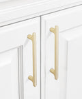 10 Pack 5 Inch Hole Centers Brushed Brass Cabinet Handles Gold Finished Kitchen Cabinet Pulls installed on white cabinets