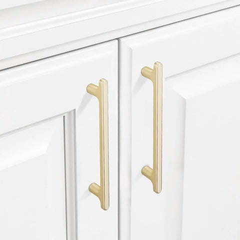10 Pack 5 Inch Hole Centers Brushed Brass Cabinet Handles Gold Finished Kitchen Cabinet Pulls installed on white cabinets