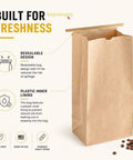 Pack Of 250 Brown Paper Tin Tie Coffee Bags With Reclosable Seal Stand Up Pouches For Coffee Cookies Bakery Packaging And Food Storage Sixteen Inch By Six And One Half Inch By Four Inch showcasing resealable design with tin tie and plastic inner lining.