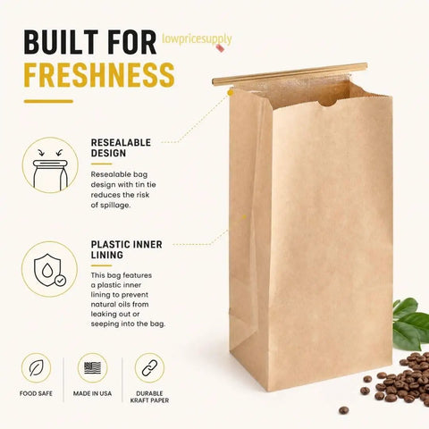 Pack Of 250 Brown Paper Tin Tie Coffee Bags With Reclosable Seal Stand Up Pouches For Coffee Cookies Bakery Packaging And Food Storage Sixteen Inch By Six And One Half Inch By Four Inch showcasing resealable design with tin tie and plastic inner lining.