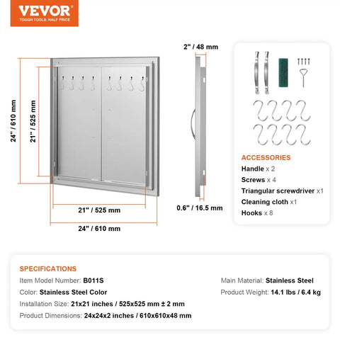 BBQ Access Door For Outdoor Kitchen Island 24W X 24H Inch Stainless Steel Flush Mount Door With Double Wall Vertical Handles