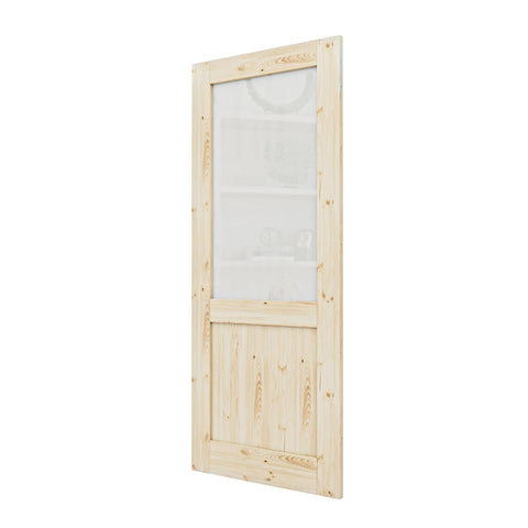 Side view of 36 Inch By 80 Inch Pine Wood Slab Door With Half Frosted Glass For Interior Rooms, Farmhouse Shaker Style.