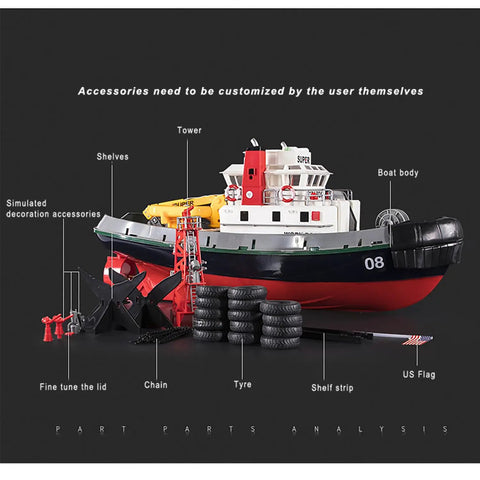 Labeled parts of Massive 23.6 Inch Remote Control Fire Boat With Water Sprayer 60cm Electric RC Watercraft