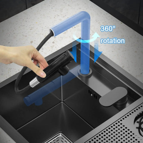 Stainless Steel Kitchen Sink Faucet with Pull Down Sprayer 18 Gauge showcasing 360° rotation and modern design for easy use.
