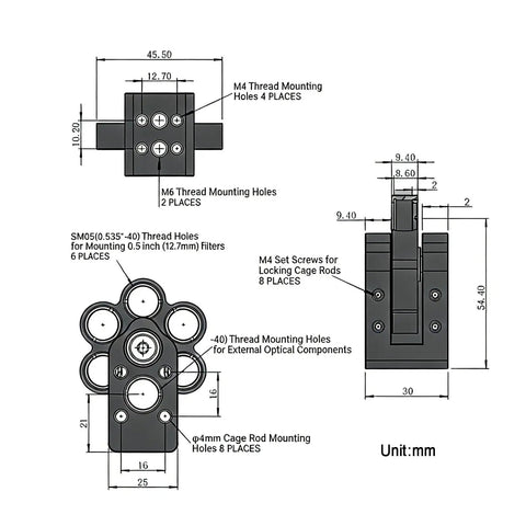 Technical drawing of Coaxial 6-Position Filter Wheel With Cage Mount For Telescopes, M4 M6 mounting holes, dimensions in mm.