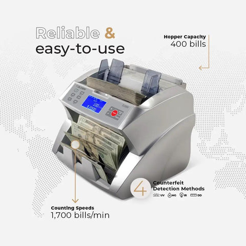 Workhorse Cash Counter With Counterfeit Detection UV MG IR DD DBL HLF CHN, hopper for 400 bills, modern design
