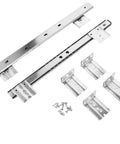 Smooth Operator Full Extension Drawer Slides Silent Soft Close Side Mount Brackets For Office Desk Keyboard Tray Heavy Duty Steel parts and screws laid out.