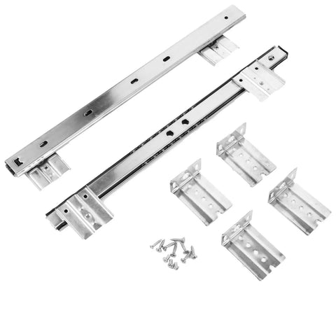 Smooth Operator Full Extension Drawer Slides Silent Soft Close Side Mount Brackets For Office Desk Keyboard Tray Heavy Duty Steel parts and screws laid out.