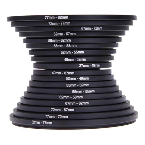 Stack of rings from Boost Your Lens Game With An 18 Piece Metal Step Up Step Down Ring Adapter Kit For DSLR Cameras Covers 37Mm To 82Mm