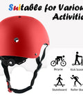 Adjustable Kids Bike Helmet For Toddlers To Teens, Three Sizes Small Medium Large, Red, Multi Sport Use, Impact Resistant ABS Shell With EPS Foam, Lightweight Kid Friendly Protection For Cycling, Skateboarding And More with activity icons