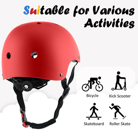 Adjustable Kids Bike Helmet For Toddlers To Teens, Three Sizes Small Medium Large, Red, Multi Sport Use, Impact Resistant ABS Shell With EPS Foam, Lightweight Kid Friendly Protection For Cycling, Skateboarding And More with activity icons