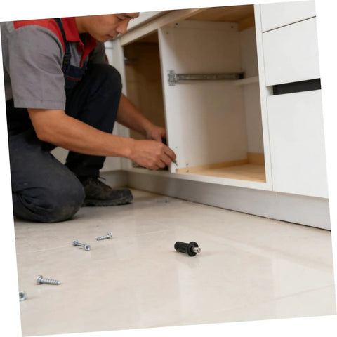 Man installing 24 Piece Cabinet Door Repair Pins Kit With Spring Loaded Hinge Pins For Plastic And Metal, Quick Fix For Wobbly Kitchen Doors