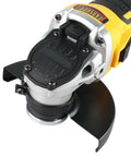 Close-up of 18V Cordless Compact Angle Grinder With Brushless Motor And Slick Flat Head Design for heavy-duty cutting.