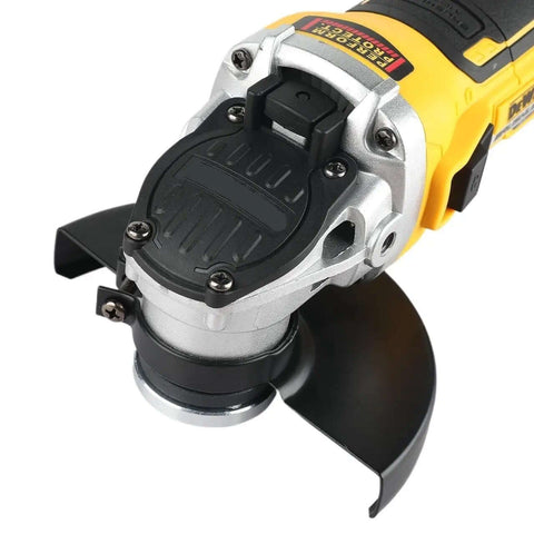 Close-up of 18V Cordless Compact Angle Grinder With Brushless Motor And Slick Flat Head Design for heavy-duty cutting.