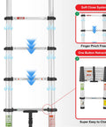 8.5 Ft Aluminum Telescoping Ladder For Home DIY Projects Foldable Extension With 12 Ft Reach Lightweight Portable Type 1A Soft Close Safety Durable Silver Finish showing soft close system and one button retraction diagram.