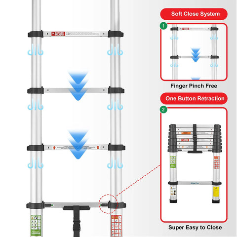 8.5 Ft Aluminum Telescoping Ladder For Home DIY Projects Foldable Extension With 12 Ft Reach Lightweight Portable Type 1A Soft Close Safety Durable Silver Finish showing soft close system and one button retraction diagram.