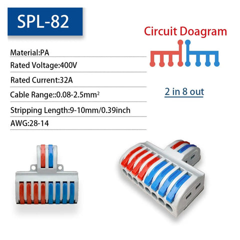 No Tool Wire Connectors For Home And Led Lights Super Easy Push In Block Splicing Solid Stranded 28 To 12 Awg Copper Terminals That Are Flame Retardant And Durable Perfect For Electrical Junction Box Projects, SPL-82 2-in 8-out
