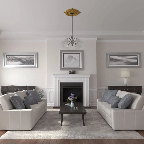 Living room with Benson Classic Ceiling Medallion 28 3/8 Inch Outside Diameter 3 3/4 Inch Inner Diameter, Pharaoh's Gold Finish
