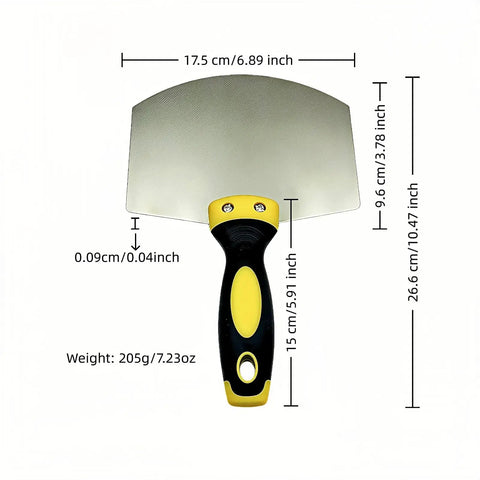 Curved Plastering Trowel With Stainless Steel Arc Blade For Drywall Spackle And Putty Applications, dimensions shown