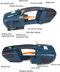 Ready To Roll Cordless Automatic Strapping Machine Handheld Battery Powered Welding Banding Tool For Cardboard Boxes And Wooden Pallets One Hand Operation showing user controls and features.