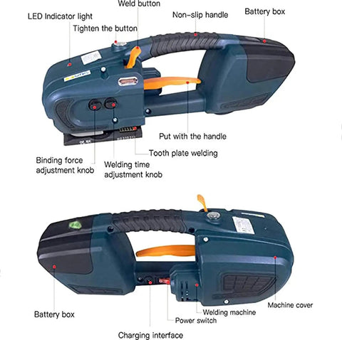 Ready To Roll Cordless Automatic Strapping Machine Handheld Battery Powered Welding Banding Tool For Cardboard Boxes And Wooden Pallets One Hand Operation showing user controls and features.