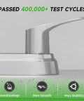Top Shelf Two Handle Kitchen Faucet Featuring Slick High Arch Curve And Full 360 Swivel Motion Built With Rust Resistant Stainless Steel and Polished Chrome close-up of handle