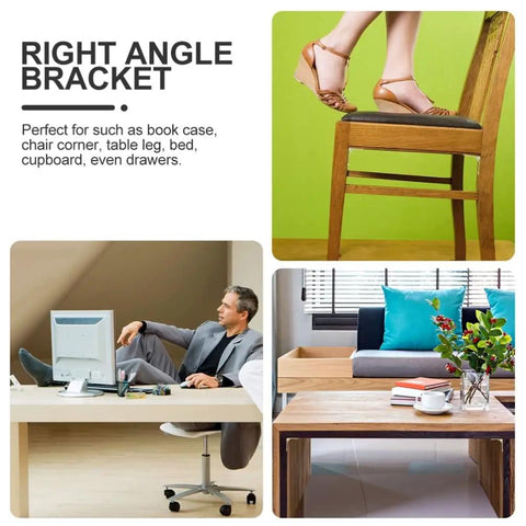 Heavy Duty Metal L Bracket And Corner Shield Supporting Shelving Braces With A Slick Right Angle Design For Wood Furniture Wall Mounted Cabinet Shelf Brace Hardware Kit in use with a chair and desk.