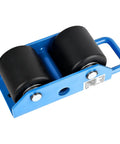 Amarite Industrial Fixed Machinery Skates with two black nylon rollers, blue steel frame for heavy equipment transport, 5500 lbs capacity.
