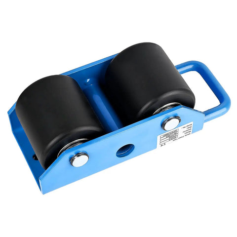 Amarite Industrial Fixed Machinery Skates with two black nylon rollers, blue steel frame for heavy equipment transport, 5500 lbs capacity.