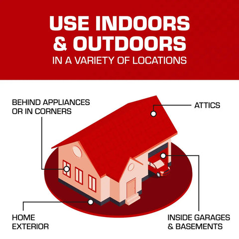 Illustration showing locations for Child And Dog Resistant Mouse Bait Station With Clear View Lid, including attics, garages, and exteriors.