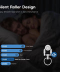 Silent roller design for heavy duty ceiling curtain track system with whisper quiet glide, showing noise levels compared to common sounds.