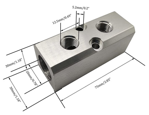 Two Way Pneumatic Manifold Air Distribution Block With G1/2 Inlet Ports And G1/4 Outlet Ports Aluminum Alloy Construction side view
