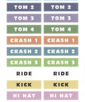 Sticker set labels for 9 Cable Connection Kit for Yamaha DTX400 and DTX402 Drum Modules, color-coded for various drum elements.