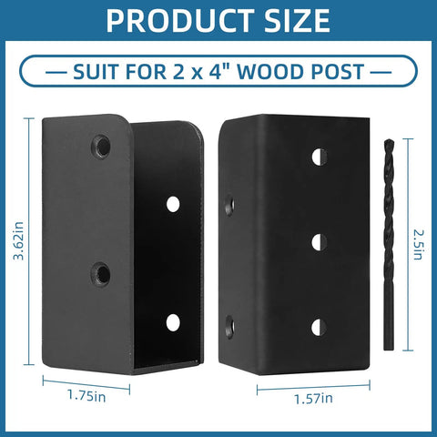 Two black powder-coated carbon steel deck railing brackets and drill bit for 2x4 wood posts, 20 Pack Deck Railing Brackets For 2x4 Wood Posts One And A Half Inch Black Powder Coated Carbon Steel Connectors For Fences Porches And Handrails Durable Heavy Duty Hardware For DIY Installation.