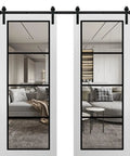 Rock Solid Modern Double Barn Doors With Clear Tempered Glass Panels And Full Black Rail Hardware Kit For Quick Setup Interior Dividers And Top Shelf Home Decor, showing two doors with sleek design.