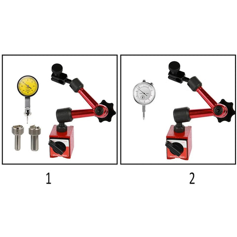 Pro Grade Magnetic Base Dial Indicator With Bore Gauge And Magnetic Stand For Precision Machining And Inspection, Handy Micrometer Style Readout And Holder, Ideal For Layout, Measurements And Quality Checks. Red magnetic base dial indicator with yellow gauge and bore gauge inserts