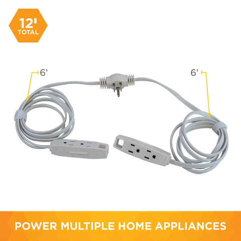 Flat Plug Sofa Power Cord With Six Outlets Total, Two Six Foot Cords, 16 Gauge Grounded Three Prong Plug, White Cable That Blends With Wall, Space Saving For Couches And Media Setups