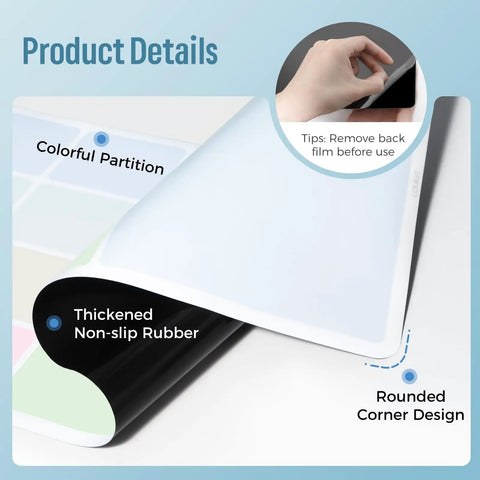 Erasable Desk Pad 32x14 Inch Three In One Mouse Pad And Planning Whiteboard For Your Desk Non Slip Office Home School Accessory With Matte Finish Eye Friendly Includes Wet Erase Markers And Cleaning Cloth, showing thick non-slip rubber and rounded corner design.