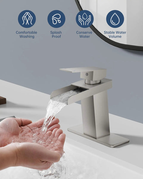 Waterfall Bathroom Faucet In Brushed Nickel Modern Single Handle Or 3 Hole Sink Faucet With Deck Plate And Pop Up Drain