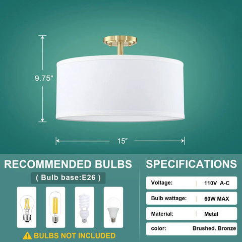 Off White Fabric Drum Shade Ceiling Light With PS Diffuser Semi Flush Mount Gold Finish Perfect For Bar Vibe Lighting Dining Room Hallway And Living Room Great For Modern Kitchens And Lounges 15 Inch