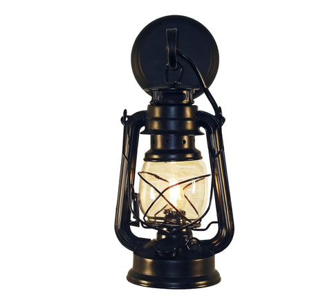 Rustic Oil Lantern Reproduction Wall Sconce Set with Rustic Powder Coat Finish, warm light glowing from metal lantern body.