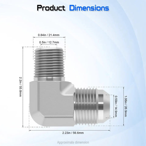 Three Quarter JIC 37 Degree Male To Half Inch NPTF Male Hydraulic Hose Fittings 90 Degree Elbow Adapter, metal dimensions
