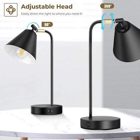 Must Have Dimmable Desk Lamp With 2 USB Ports And AC Outlet showing adjustable head at 90 and 360 degrees on marble table