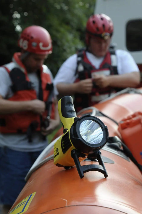 Waypoint Beefy 500 Lumen Handheld LED Spotlight For Outdoor Marine And Emergency Use With 100,000 Candela Peak Beam on raft