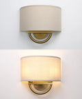 Straight Up Stylish Industrial 2 Light Wall Sconce With Linen Fabric Shade Super Solid Metal Frame Build Nailed The Vintage Look illuminated and unilluminated views