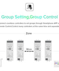 5 In 1 Tuya Zigbee 3.0 LED Controller setup for group control via smartphone app with multiple units visible