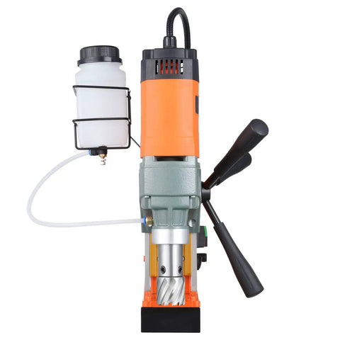 Badass Magnetic Drill Press With A 1450W Powerhouse Motor And Smooth Variable Speed Control Up To 800 Rpm For Heavy Steel Boring Jobs Includes Two Premium Coring Bits And An Ultra Strong Magnetic Base That Grips Like A Glove shown from the top with tool controls and a coolant tank.