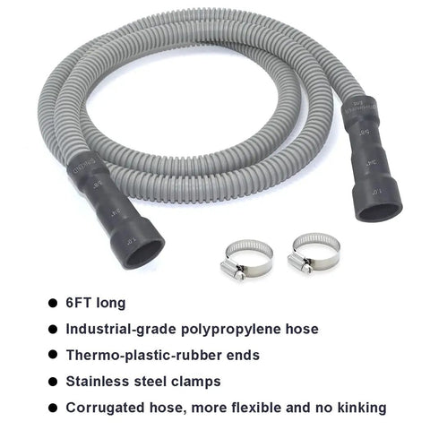 Dishwasher Drain Hose 6 Ft Flexible Discharge With Stainless Steel Clamps Easy Trim To Fit Five Eighths Three Quarters Or One Inch Ends