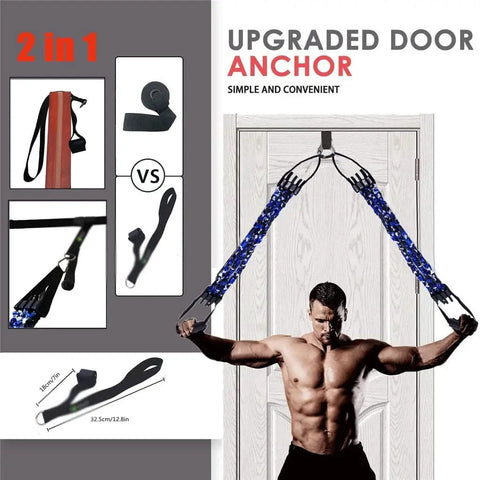 Aluminum Alloy Pilates Bar With Rubber Resistance Bands Door Anchor for Full Body Workouts, used by man for exercise against door.
